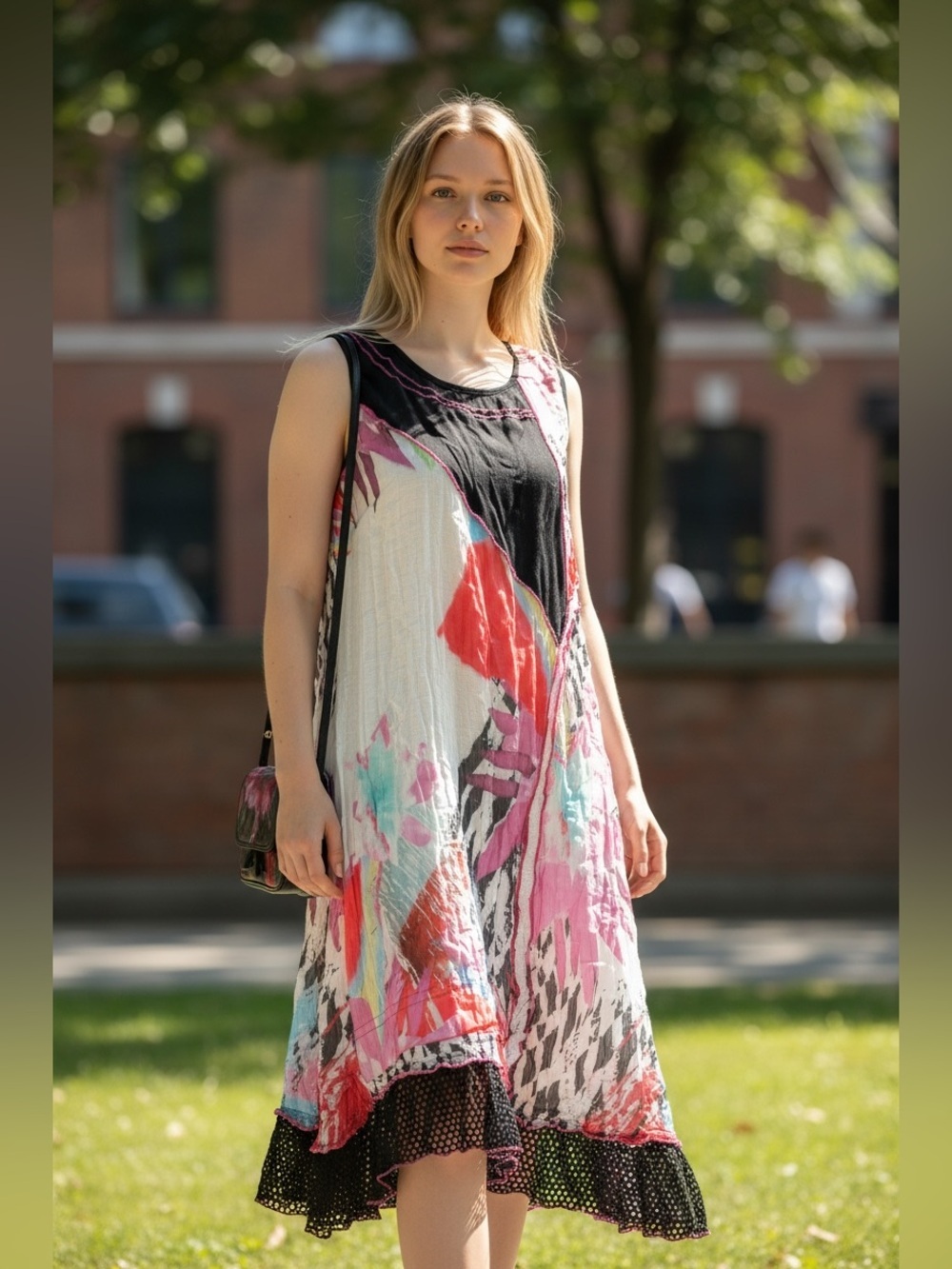 Sleeveless Floral Print Swing Dress in Black and Pink
